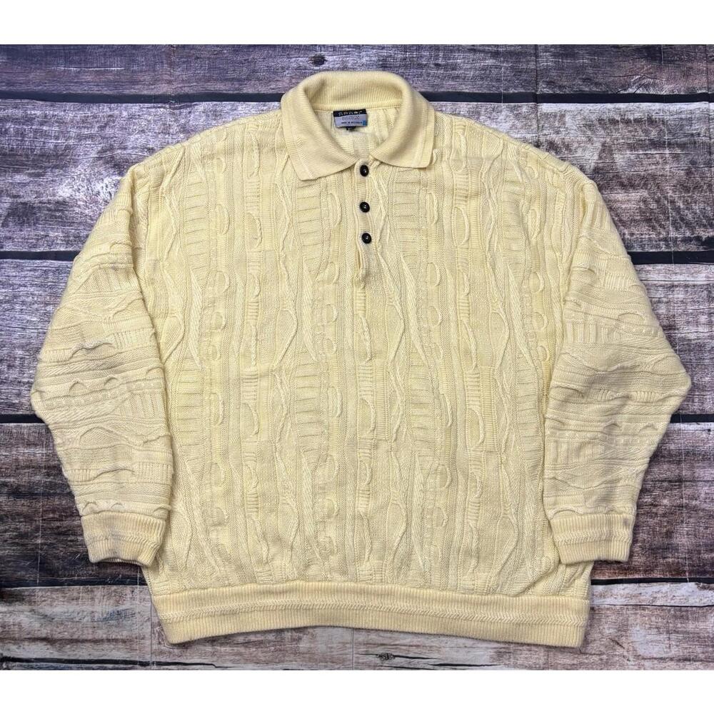 Coogi Polo Sweater Mens 2XL Wool 3D Knit Biggie Yellow Pullover VTG 90s